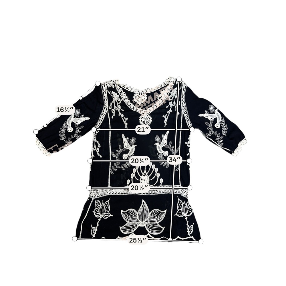 Boho Embroidered Bird Heart Lace Trim V-Neck Tunic Dress Black White 3/4 Sleeve - Picture 8 of 8